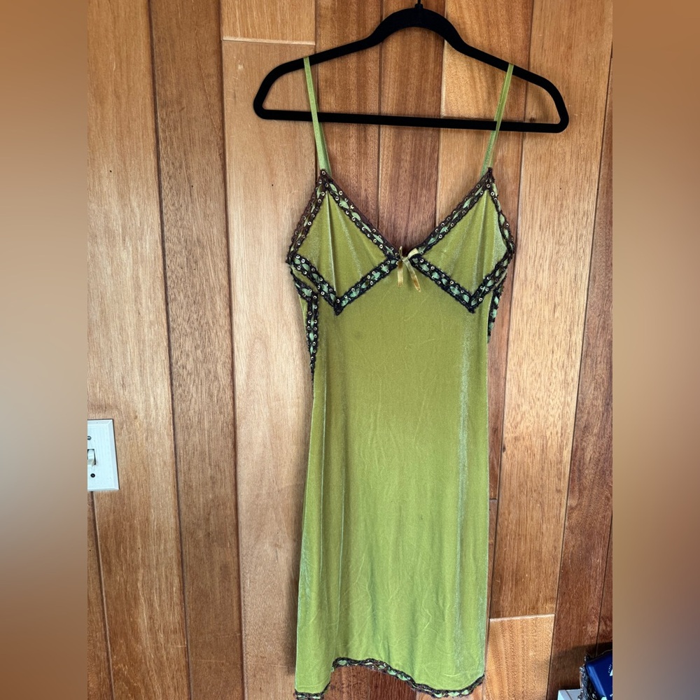 Betsey Johnson Olive Green Velvet Dress with Beaded Accents